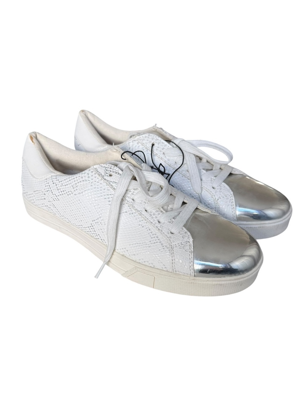 New York & Company Women’s Snake Skin Sneakers Size 9 White Silver Cap Toe